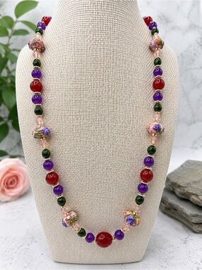 Artisan Handmade Amethyst Carnelian Lampwork Floral Necklace 20” Gold Floral Lux